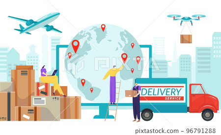 World postman delivery service, tiny character mailman people, woman work laptop sitting carton box flat vector illustration, isolated on white. World postman delivery service, tiny character mailman people, woman work laptop sitting carton box flat vector illustration, isolated on white. 96791288