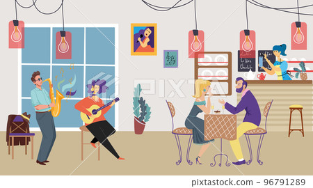 Indie music group performance play together guitar and sing song, lovely romantic dinner couple in comfortable restaurant flat vector illustration. Indie music group performance play together guitar and sing song, lovely romantic dinner couple in comfortable restaurant flat vector illustration. 96791289
