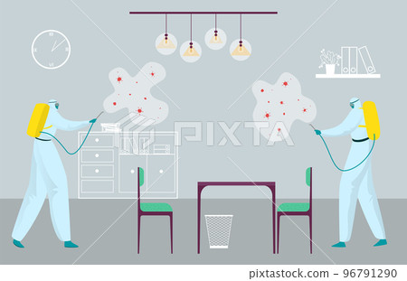Modern world disease epidemic problem, doctor protective bio suit disinfection covid room flat vector illustration, coronavirus sickness. Modern world disease epidemic problem, doctor protective bio suit disinfection covid room flat vector illustration, coronavirus sickness. 96791290