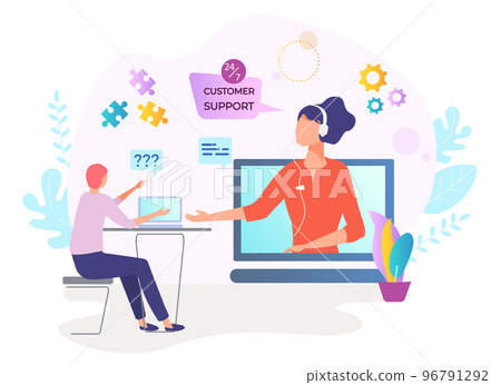 Online technology customer service, woman character internet call center client support flat vector illustration, isolated on white. Online technology customer service, woman character internet call center client support flat vector illustration, isolated on white. 96791292