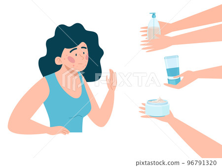 Young woman character with skin problem, hormonal imbalance medical care female flat vector illustration, isolated on white. 96791320