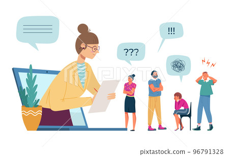 Modern online mental medical health care, internet psychotherapy consultation woman psychologist flat vector illustration, isolated on white. Modern online mental medical health care, internet psychotherapy consultation woman psychologist flat vector illustration, isolated on white. 96791328