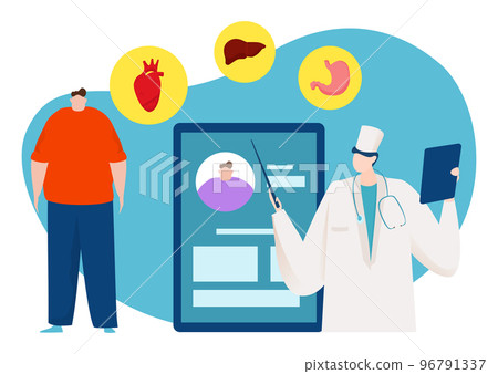 Online overweight person medical consultation service, smartphone doctor application flat vector illustration, isolated on white. 96791337
