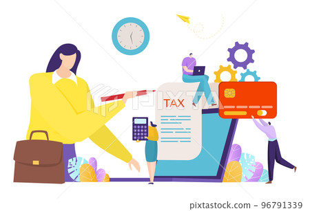 Online accounting service female tiny character calculate remote web tax invoice payment flat vector illustration, isolated on white. Online accounting service female tiny character calculate remote web tax invoice payment flat vector illustration, isolated on white. 96791339