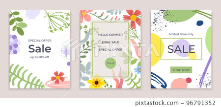 Floral geometric hello summer sale banner set, greeting postcard fashion flower design flat vector illustration, isolated on white. 96791352