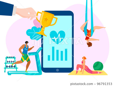 Smartphone online fitness application, technology digital device workout mobile phone app flat vector illustration, isolated on white. 96791353