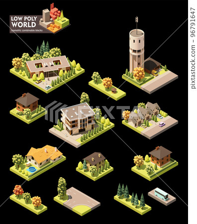 Vector isometric town map elements 96791647