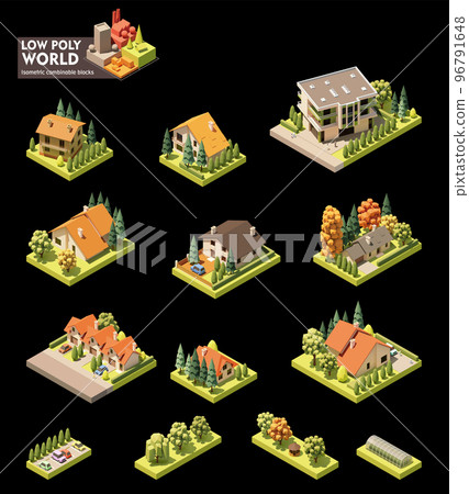 Vector isometric town map elements 96791648