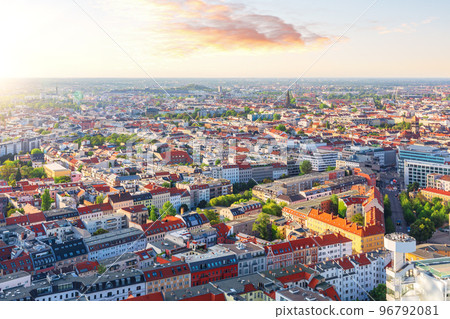 Sunset panorama of Berlin, colorful roofs of the city, Germany 96792081