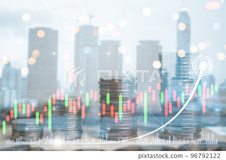 stacks of coins with charts graphs stock market finance Investment. business development data candlestick chart concept. 96792122