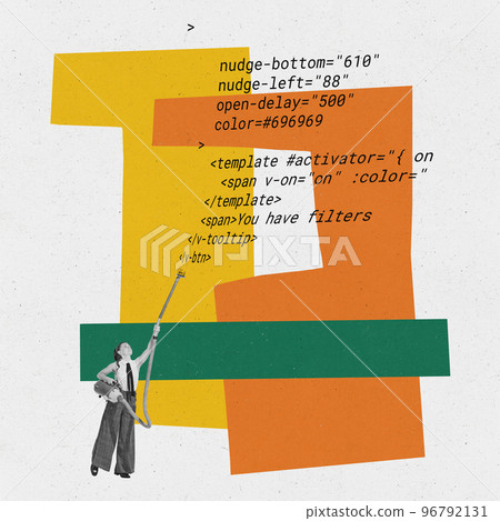 Contemporary art collage. Creative design. Woman cleaning code, finding mistake. Website developer 96792131