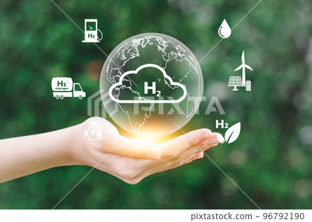H2 hydrogen innovation zero emissions technology.Reduce carbon dioxide and greenhouse gases production fuel station resource friendly sustainability concept. 96792190