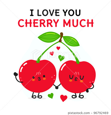 Cute funny cherry character. Vector hand drawn cartoon kawaii character illustration icon. Isolated on white background. I love you cherry much concept card Cute funny cherry character. Vector hand drawn cartoon kawaii character illustration icon. Isolated on white background. I love you cherry much concept card 96792469