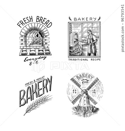 Man baker in uniform cooking bread in the oven. Long loaf or baguette. Engraved hand drawn in old Man baker in uniform cooking bread in the oven. Long loaf or baguette. Engraved hand drawn in old 96793541
