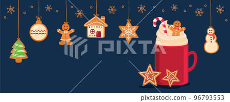 christmas card with hanging gingerbread cookies and cocoa drink 96793553