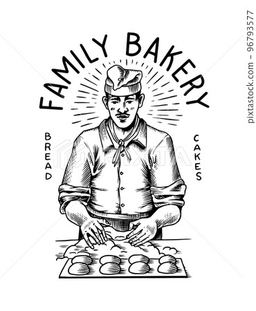 Baker makes dough for bread. Engraved hand drawn in old sketch and vintage style for label, logo and 96793577