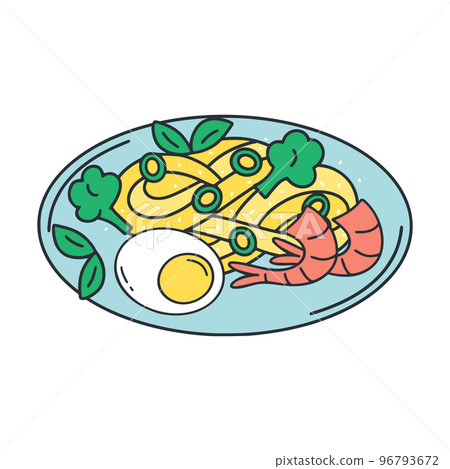 Egg noodles with shrimp egg and vegetables clip art 96793672