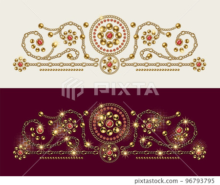Baroque border motif with swirls Ornament made of gold jewelry chains, ruby gems 96793795