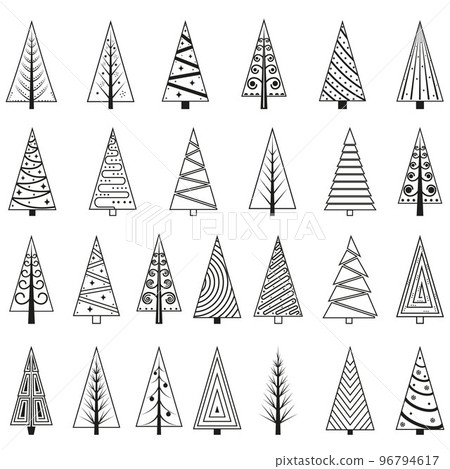 A set of Christmas trees in the doodle style, black outline. Isolated vector illustration. 96794617