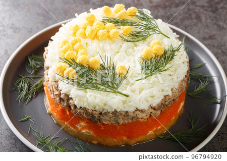 Layered salad mimosa with canned saury, potatoes, cheese, carrots and eggs closeup on the plate. Horizontal Layered salad mimosa with canned saury, potatoes, cheese, carrots and eggs closeup on the plate. Horizontal 96794920