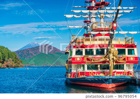 Pleasure boat (pirate ship) anchored at Hakonemachi Port (Kanagawa Prefecture) Mt. Fuji in the background 96795054