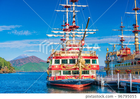 Pleasure boat (pirate ship) anchored at Hakonemachi Port (Kanagawa Prefecture) Mt. Fuji in the background 96795055