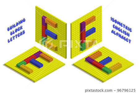 Isometric toy bricks of letter E. Letter from blocks for children poster and games. ABC typography. Realistic 3D vector isolated on white background Isometric toy bricks of letter E. Letter from blocks for children poster and games. ABC typography. Realistic 3D vector isolated on white background 96796125