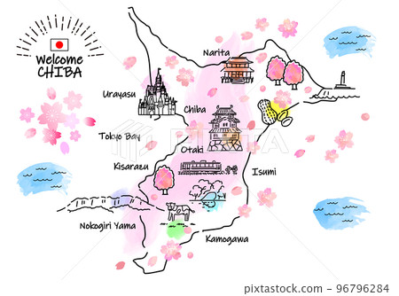 Simple line drawing illustration map of tourist spots in Chiba Prefecture in spring (green) 96796284