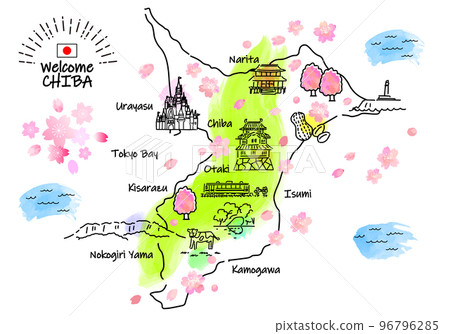 Simple line drawing illustration map of tourist spots in Chiba Prefecture in spring (green) Simple line drawing illustration map of tourist spots in Chiba Prefecture in spring (green) 96796285