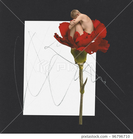 Contemporary art collage. Creative design. Young sad girl sitting inside red flower, carnation and crying. Depression Contemporary art collage. Creative design. Young sad girl sitting inside red flower, carnation and crying. Depression 96796710