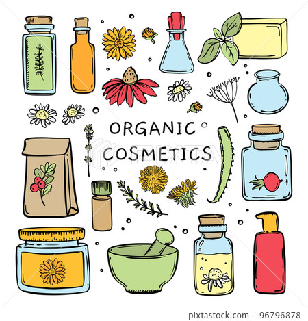 ORGANIC COSMETICS COLOR Hand Drawn Sketch Set For Design And Farmaceutics Vector Collection Of Medicinal Plants Their Elements And Packages Finished Drugs 96796878