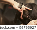 Hairstylist does cutting hair tips of a female customer in a beauty salon. Womens fashion and style 96796927