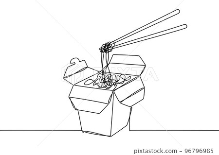 Opened Asian food box with noodles 96796985