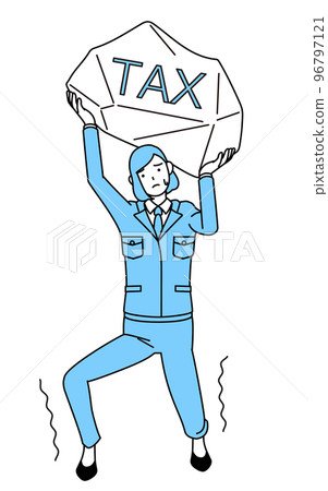 Simple line drawing illustration of a woman wearing work clothes suffering from tax increase 96797121