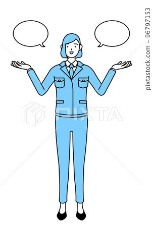 一個穿著工作服的女人的簡單線條畫圖與對話泡泡進行比較 96797153