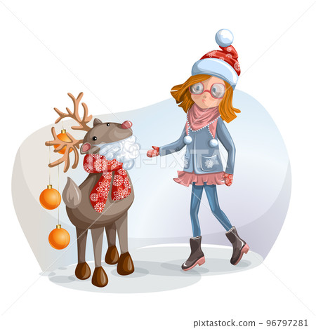 vector image of a surprised girl who met a deer with the symbols of the New Year and Christmas. Cartoon. EPS 10 vector image of a surprised girl who met a deer with the symbols of the New Year and Christmas. Cartoon. EPS 10 96797281