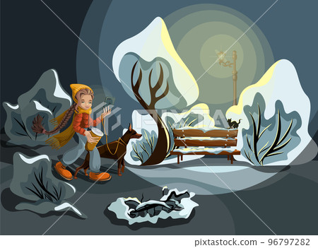Vector background image with a girl on a walk with a gadget in the winter at night Vector background image with a girl on a walk with a gadget in the winter at night 96797282