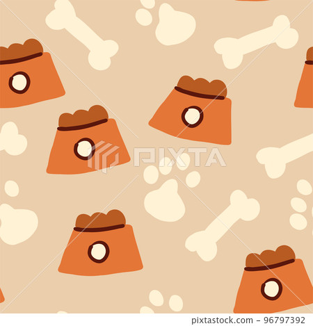 Vector seamless pattern with bowls filled with dog food on beige background. Dog food pattern. Vector illustration 96797392