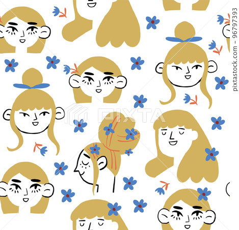 Vector seamless pattern with romantic girls with blond hair. Spring girls characters with blue flowers on white background. Vector illustration 96797393