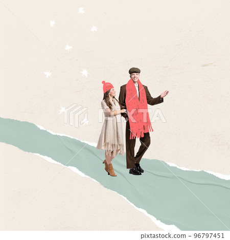 Creative design in pastel colors. contemporary art. Cute loving couple calmly walking on a warm snowy day 96797451