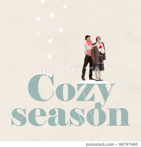 Creative design in pastel colors. Contemporary art. Caring man putting jacket on women's shoulders. Cozy winter season 96797460