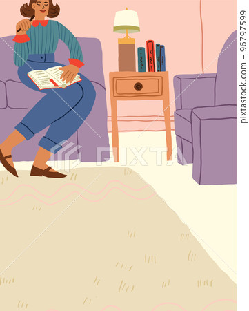 Woman reading book in the living room. Happy cozy time at home alone. Vector illustration 96797599