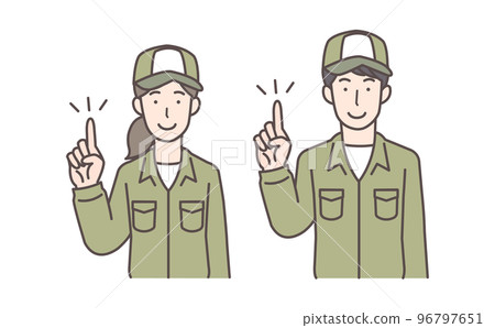 Upper body illustration of male and female courier pointing Upper body illustration of male and female courier pointing 96797651