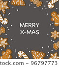 Christmas card with gingerbread cookies on grey background 96797773