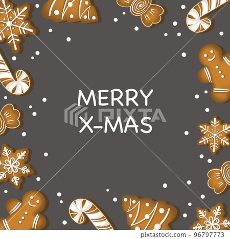 Christmas card with gingerbread cookies on grey background 96797773