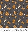 Hand Drawn Seamless Christmas Wallpaper with Gingerbread Cookies on grey background 96797774