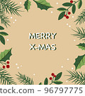 Christmas card with fir branches, mistletoe and berry on beige background 96797775