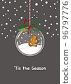 Christmas card with a glass ball and a gingerbread man on grey background 96797776