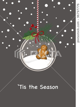 Christmas card with a glass ball and a gingerbread man on grey background 96797776