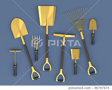 Garden shovel, pitchfork and rake on grey background, summer camping concept 96797874